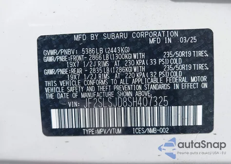 2025 Subaru Forester Hybrid Sport from USA, damaged, VIN JF2SLSJD8SH407325